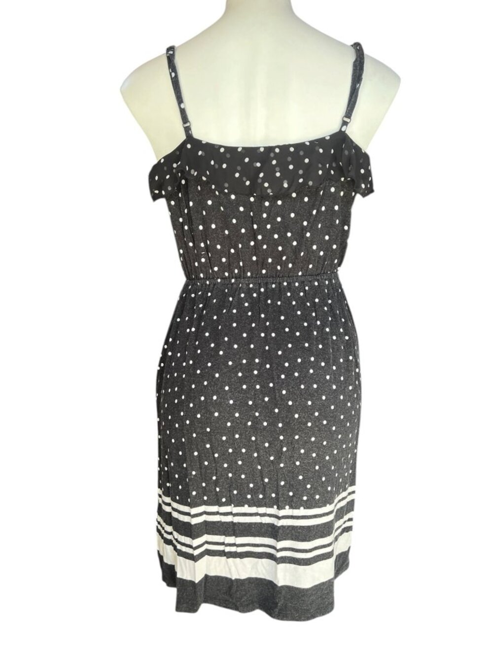 Elle Womens Dress Size M B&W Polka Dot Ruffle Sleeveless Adj. Straps Stripes - Picture 6 of 10